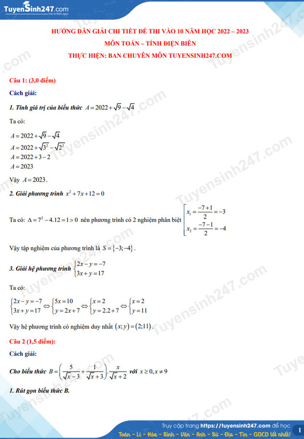Gợi ý đáp án môn Toán vào lớp 10 tỉnh Điện Biên năm 2022 đầy đủ nhất 1