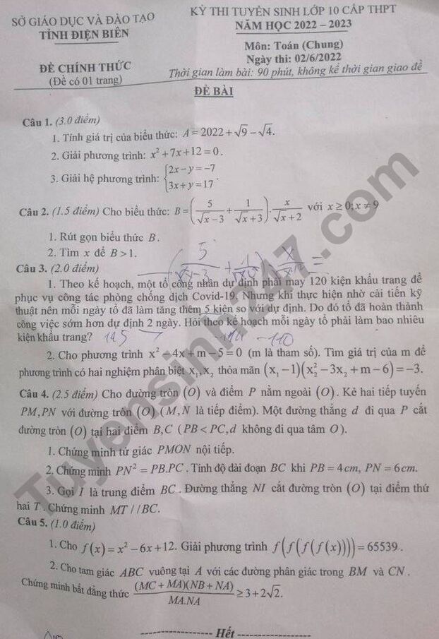 Đề thi môn Toán lớp 10 tỉnh Điện Biên năm 2022 đầy đủ nhất 0