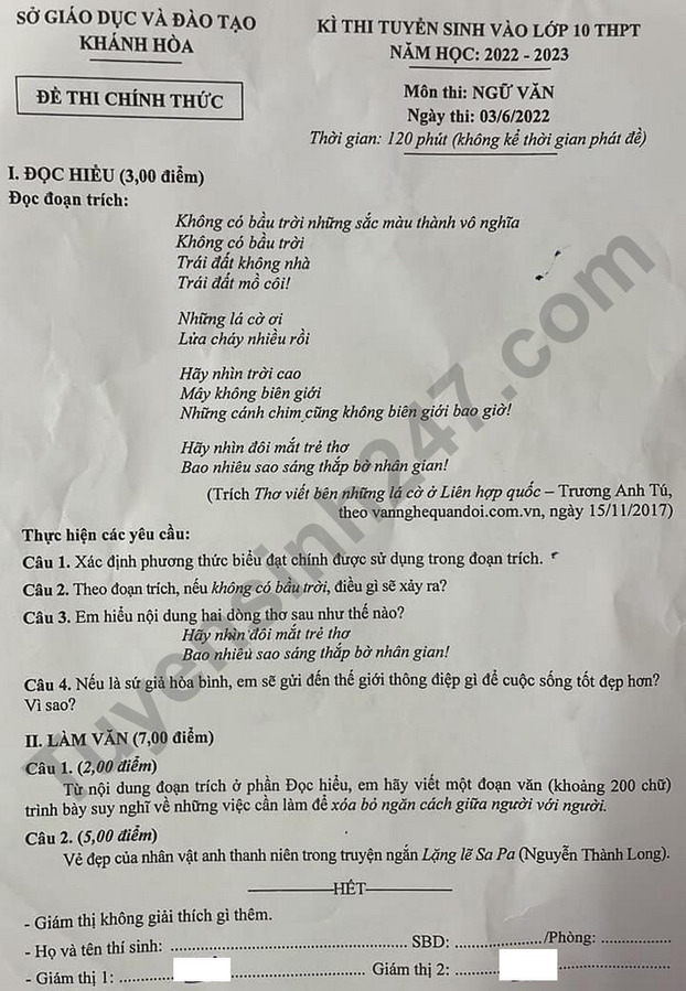 Đề thi môn Ngữ Văn lớp 10 tỉnh Khánh Hòa năm 2022 đầy đủ nhất 0