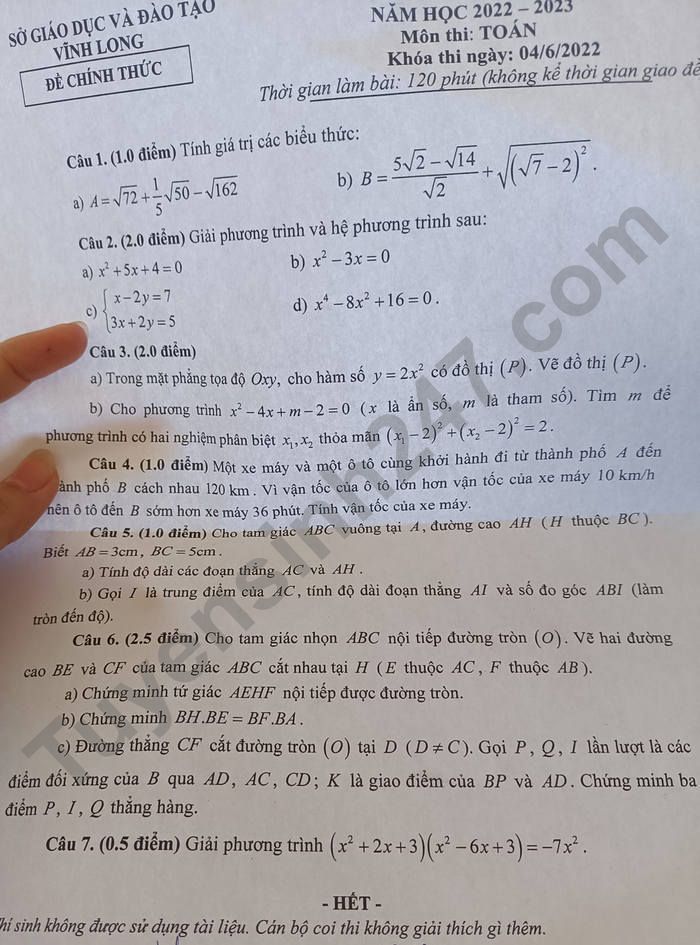 Đề thi vào lớp 10 môn Toán tỉnh Vĩnh Long năm 2022 đầy đủ nhất 0