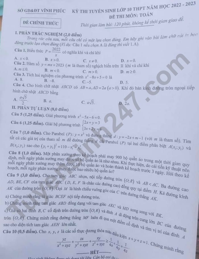 Đề thi vào lớp 10 môn Toán tỉnh Vĩnh Phúc năm 2022 đầy đủ nhất 0