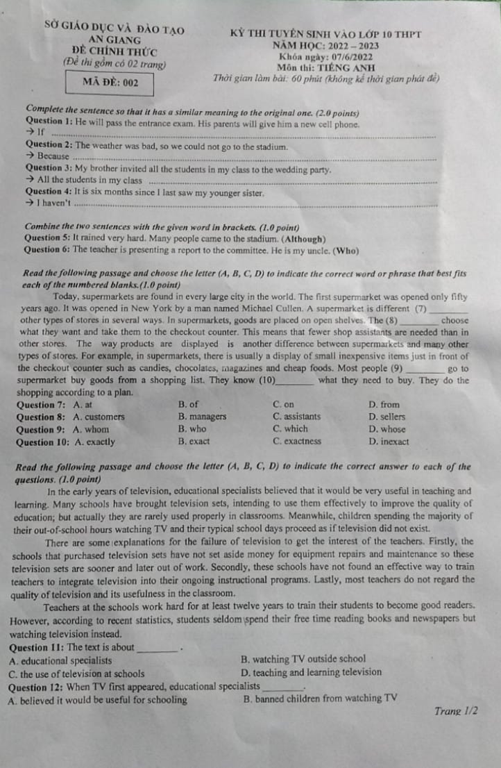 Đề thi vào lớp 10 môn Tiếng Anh tỉnh An Giang năm 2022 mới nhất 2