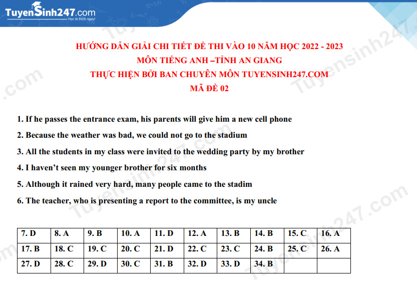 Gợi ý đáp án môn Tiếng Anh vào lớp 10 tỉnh An Giang năm 2022 đầy đủ mã đề 0