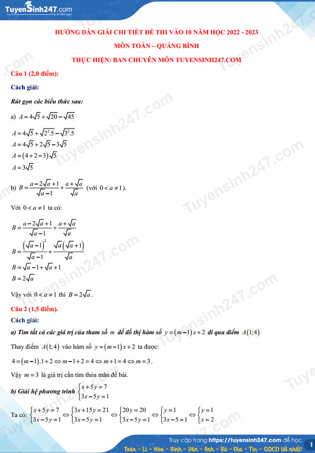 Gợi ý đáp án đề thi môn Toán vào lớp 10 tỉnh Quảng Bình năm 2022 chính xác nhất, đầy đủ các mã đề 0