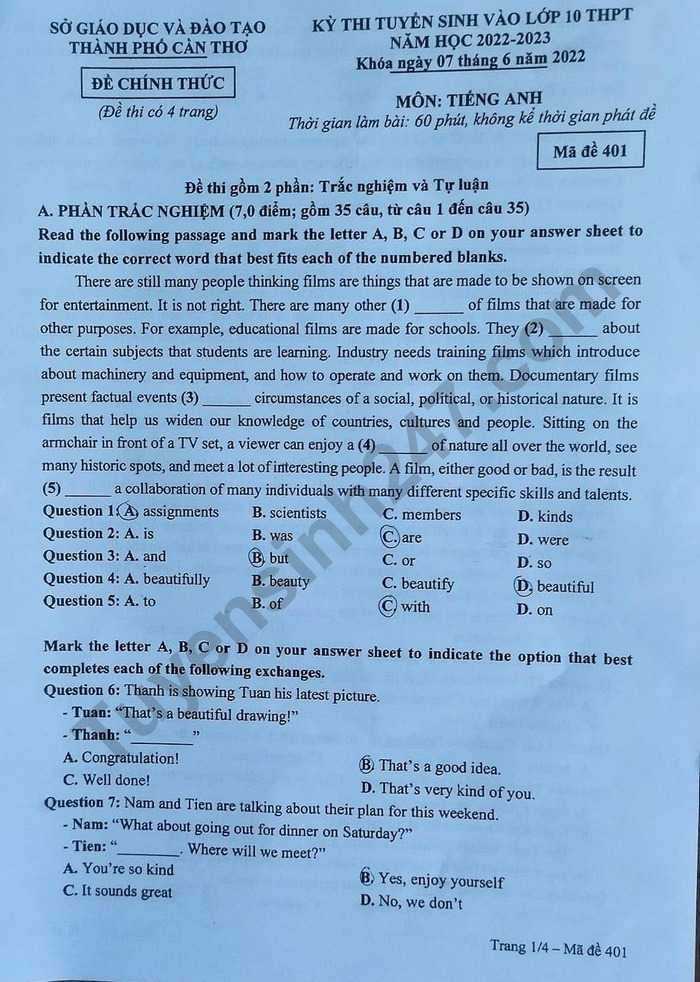 Đề thi vào lớp 10 môn Tiếng Anh Cần Thơ năm 2022 0