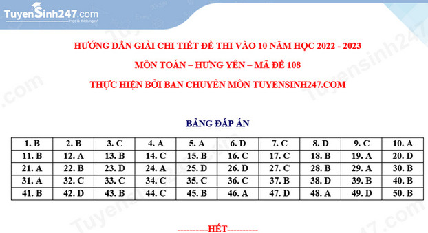 Gợi ý đáp án đề thi môn Toán vào lớp 10 tỉnh Hưng Yên năm 2022 chính xác nhất 0