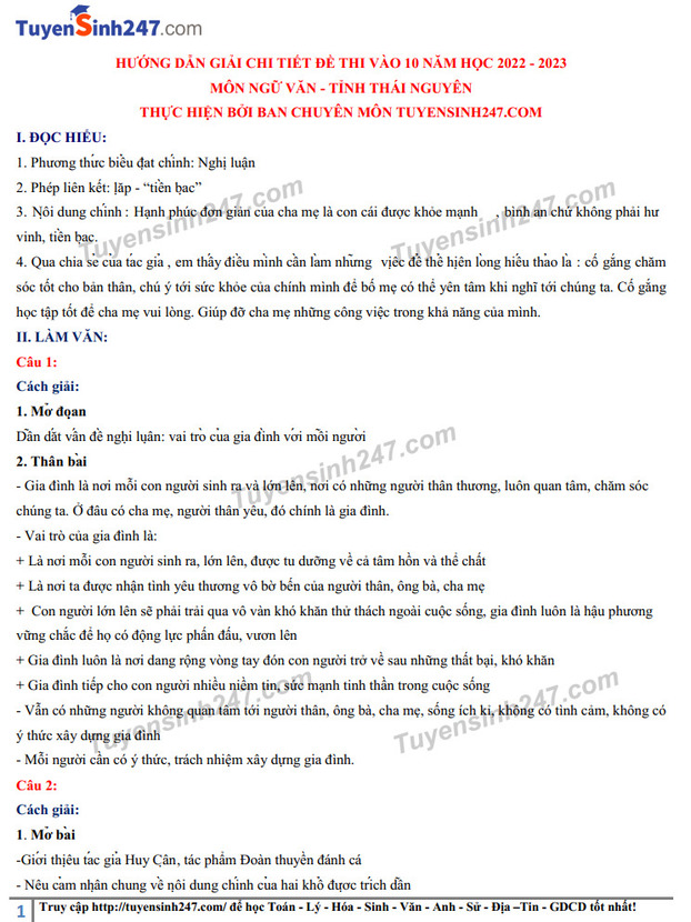 Gợi ý đáp án đề thi môn Ngữ văn vào lớp 10 tỉnh Thái Nguyên năm 2022 đầy đủ, chính xác nhất 0