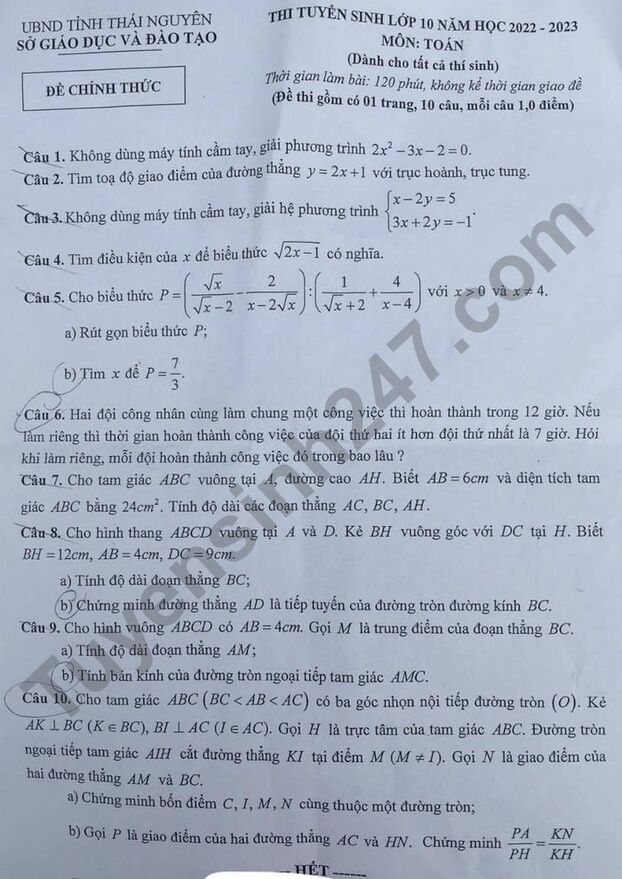 Đề thi môn Toán vào lớp 10 tỉnh Thái Nguyên năm 2022 mới nhất, đầy đủ nhất 0