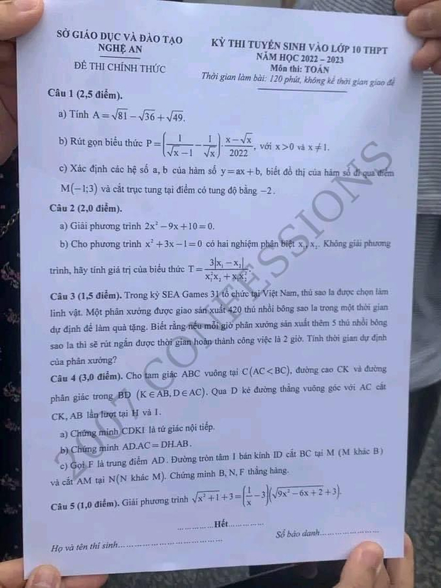 Đề thi môn Toán vào lớp 10 tỉnh Nghệ An năm 2022 đầy đủ nhất 0
