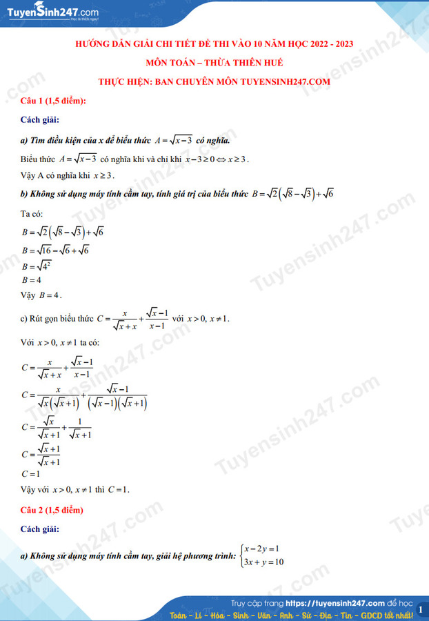 Gợi ý đáp án đề thi môn Toán vào lớp 10 tỉnh Thừa Thiên Huế năm 2022 chính xác nhất 0