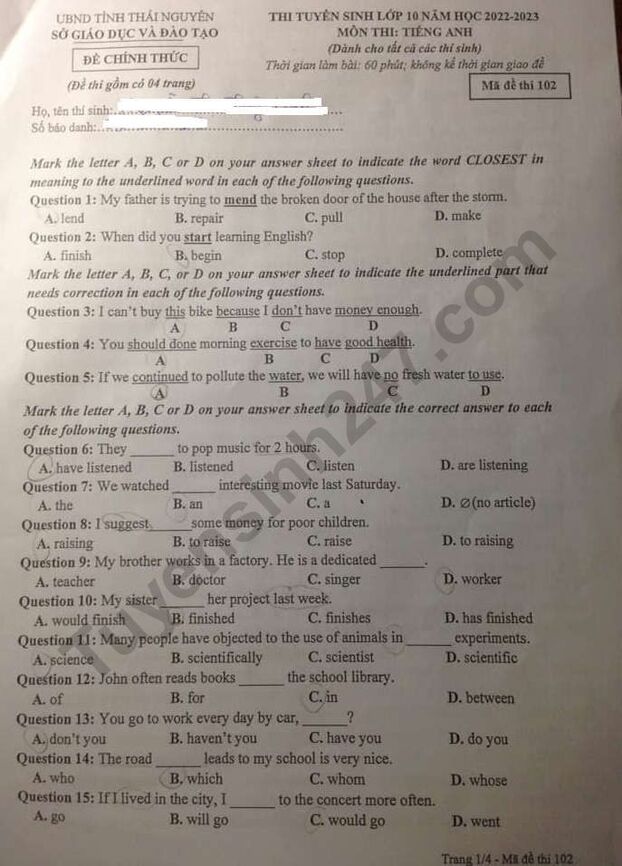 Đề thi môn Tiếng Anh vào lớp 10 tỉnh Thái Nguyên năm 2022 đầy đủ nhất 4