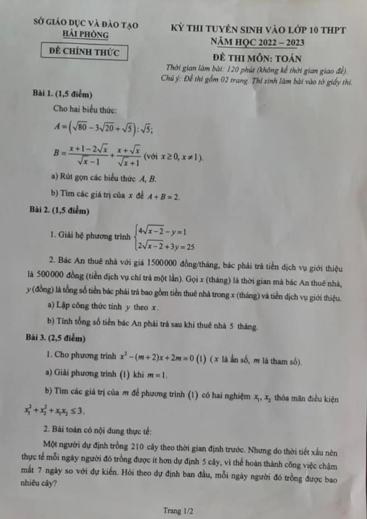 Đề thi vào lớp 10 môn Toán Hải Phòng năm 2022 nhanh nhất, mới nhất 0