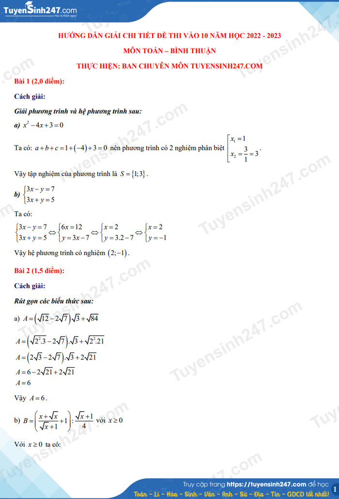 Gợi ý đáp án môn Toán vào lớp 10 Bình Thuận 2022 nhanh nhất 0