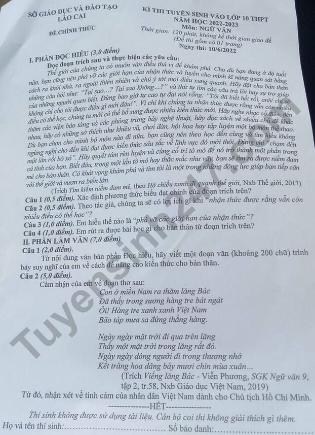 Đề thi vào lớp 10 môn Ngữ văn tỉnh Lào Cai năm 2022 nhanh, đầy đủ nhất 0