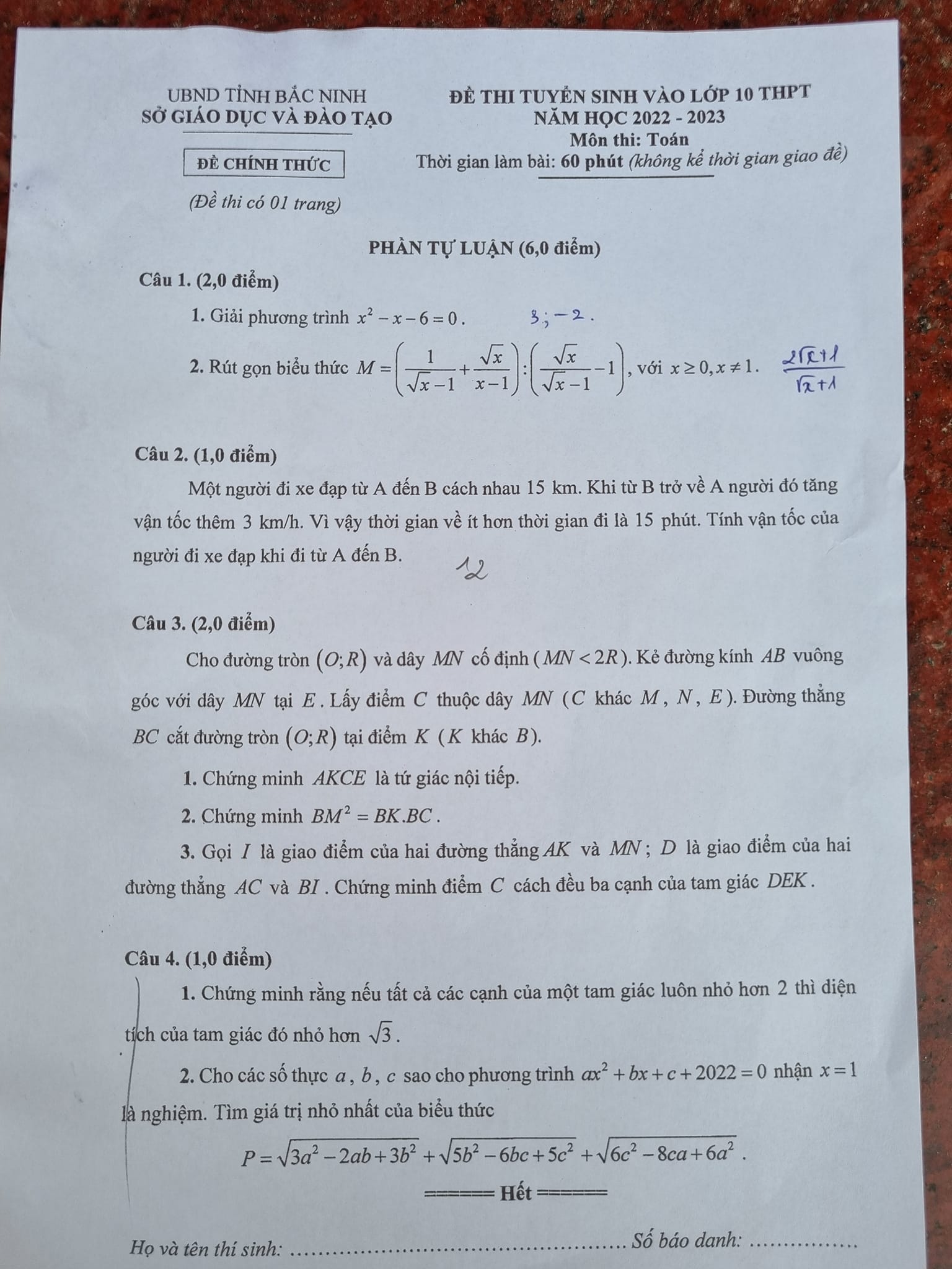 Đề thi môn Toán vào lớp 10 Bắc Ninh năm 2022 đầy đủ nhất 2