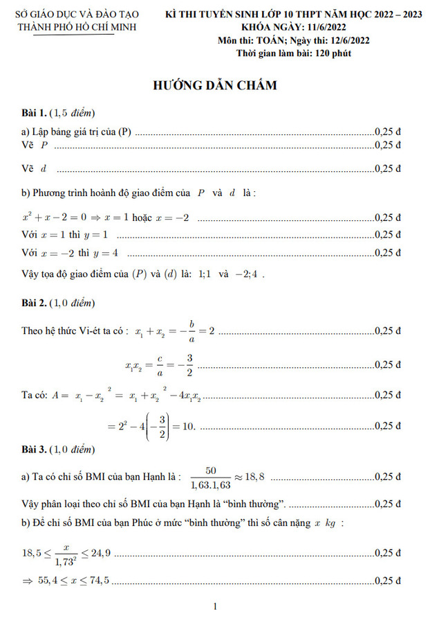 Đáp án chính thức đề thi vào lớp 10 TP.HCM năm 2022 của Sở GD&ĐT 1