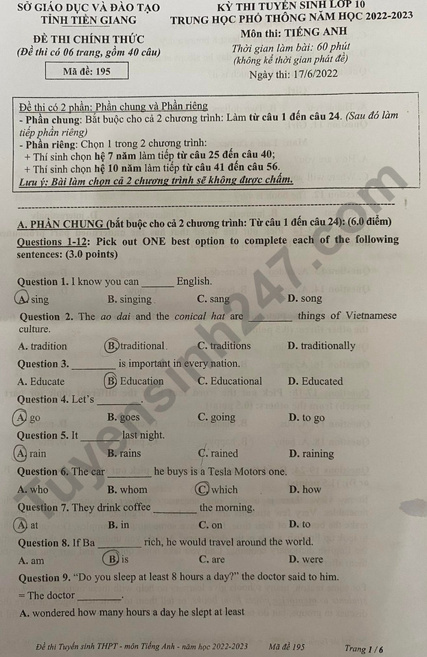 Đề thi, đáp án môn Tiếng Anh vào lớp 10 Tiền Giang 2022 đầy đủ nhất 0