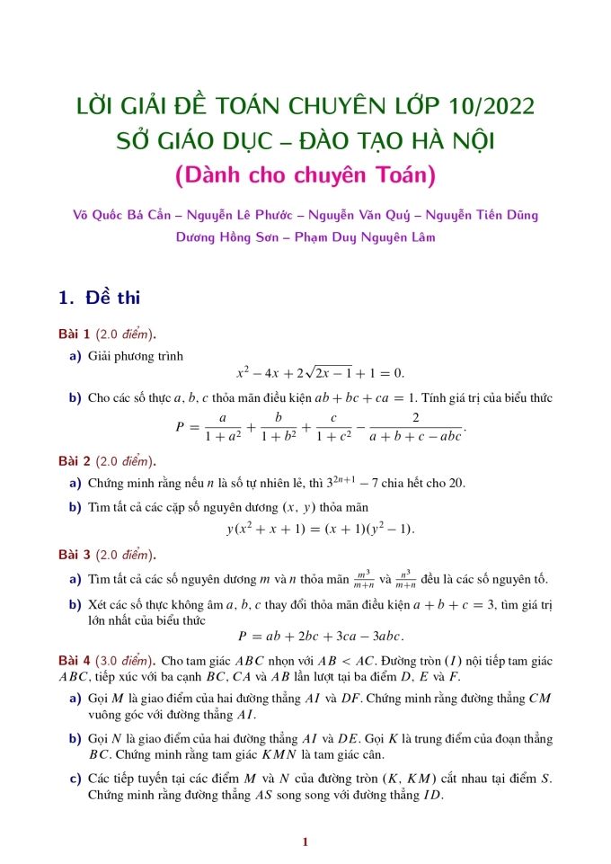 Đề thi vào lớp 10 chuyên Toán Hà Nội năm 2022 có đáp án tham khảo 1