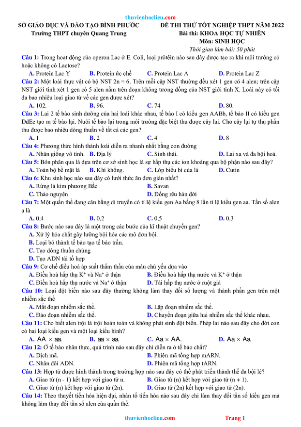 Đề thi thử tốt nghiệp THPT 2022 môn Sinh học mới nhất có đáp án 1