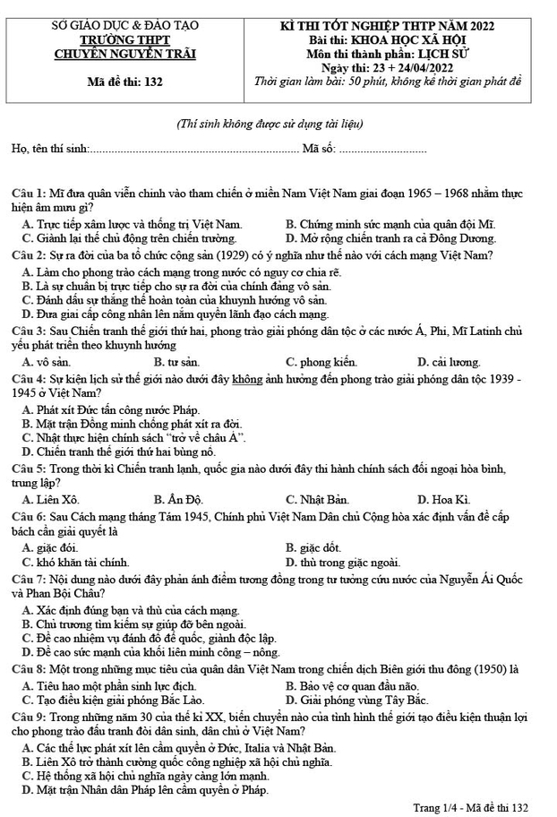 Đề thi thử Lịch sử tốt nghiệp THPT 2022 mới nhất có đáp án 1