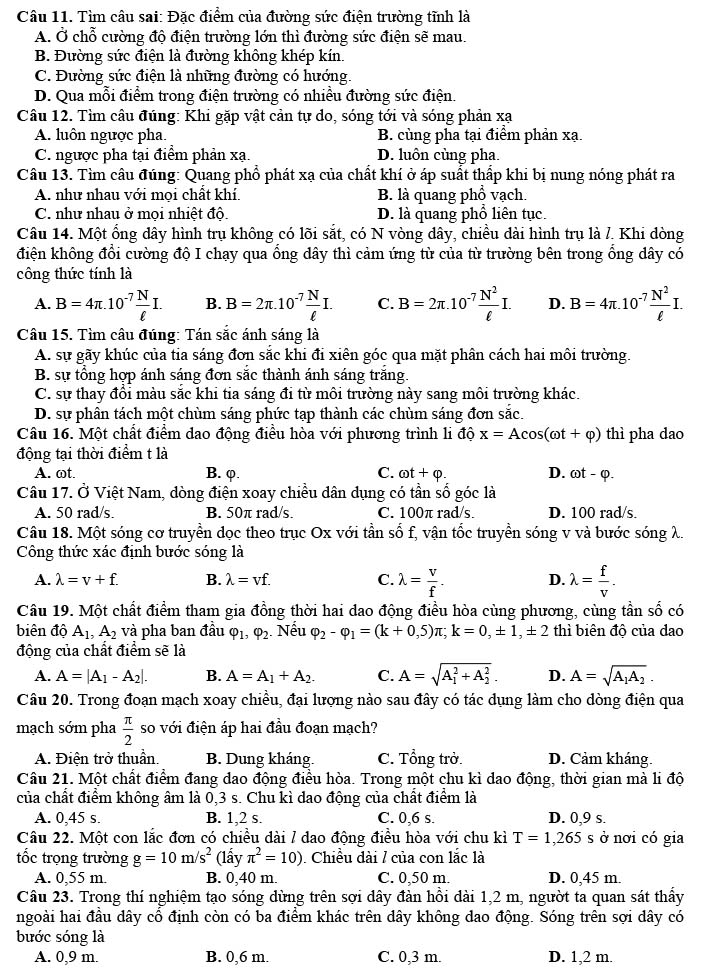 Đề thi thử Vật lý tốt nghiệp THPT 2022 mới nhất có đáp án 2