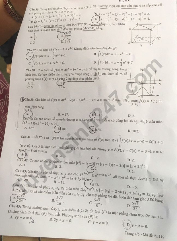 Đáp án môn Toán mã đề 119 thi tốt nghiệp THPT 2022 chi tiết, chính xác nhất 4