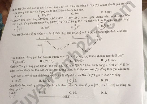 Đáp án môn Toán mã đề 119 thi tốt nghiệp THPT 2022 chi tiết, chính xác nhất 5