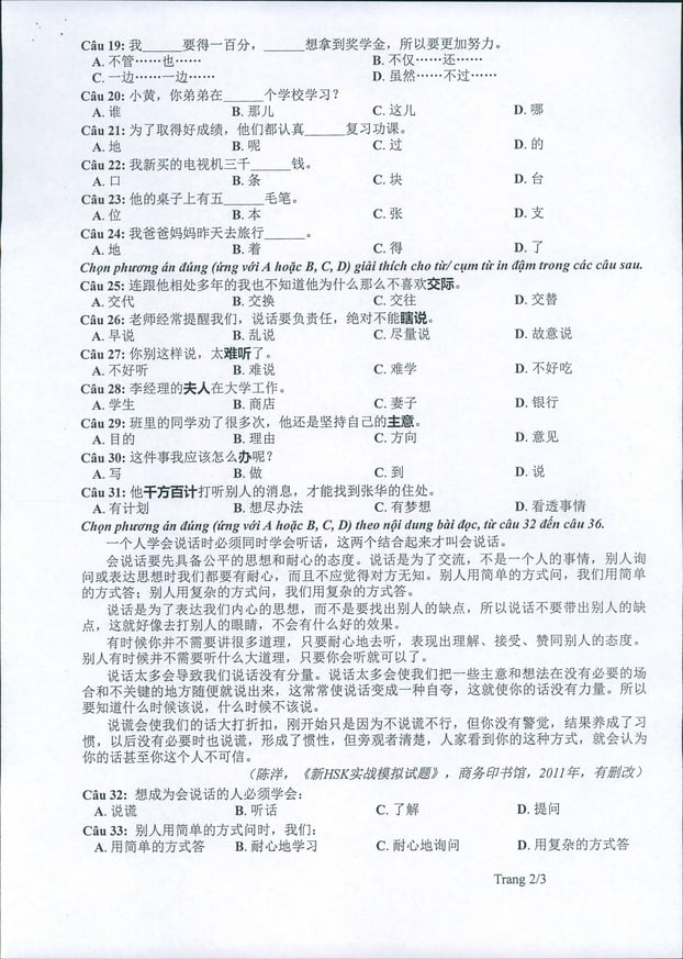 Đề thi, đáp án môn Tiếng Trung Quốc tốt nghiệp THPT 2022 tất cả 24 mã đề 13