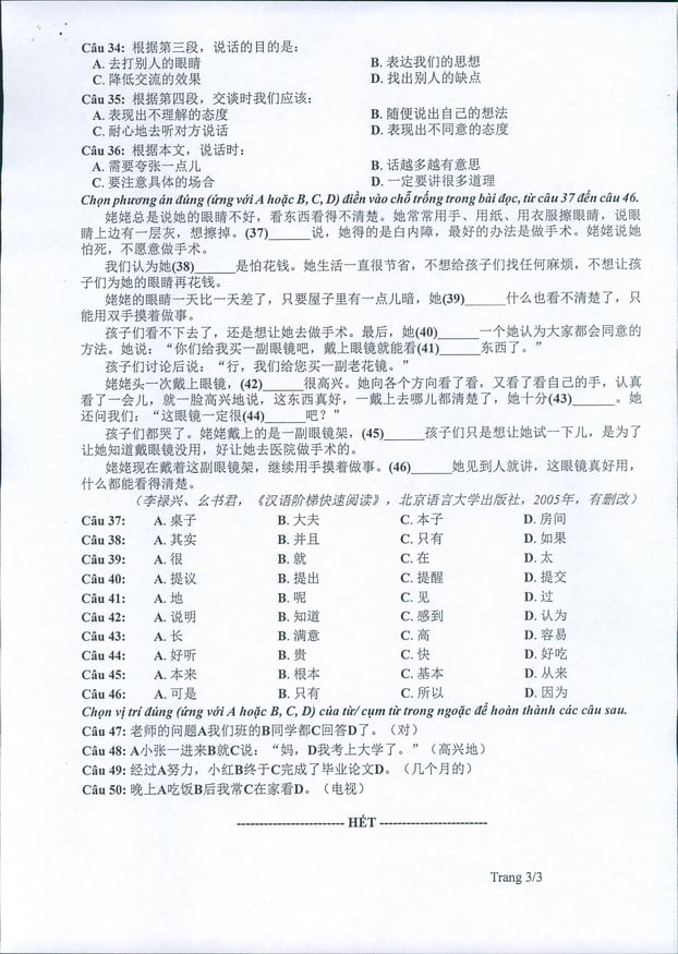 Đề thi, đáp án môn Tiếng Trung Quốc tốt nghiệp THPT 2022 tất cả 24 mã đề 14