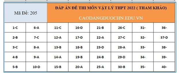 Đáp án môn Vật lý mã đề 205 thi tốt nghiệp THPT 2022 chi tiết, chính xác nhất 0