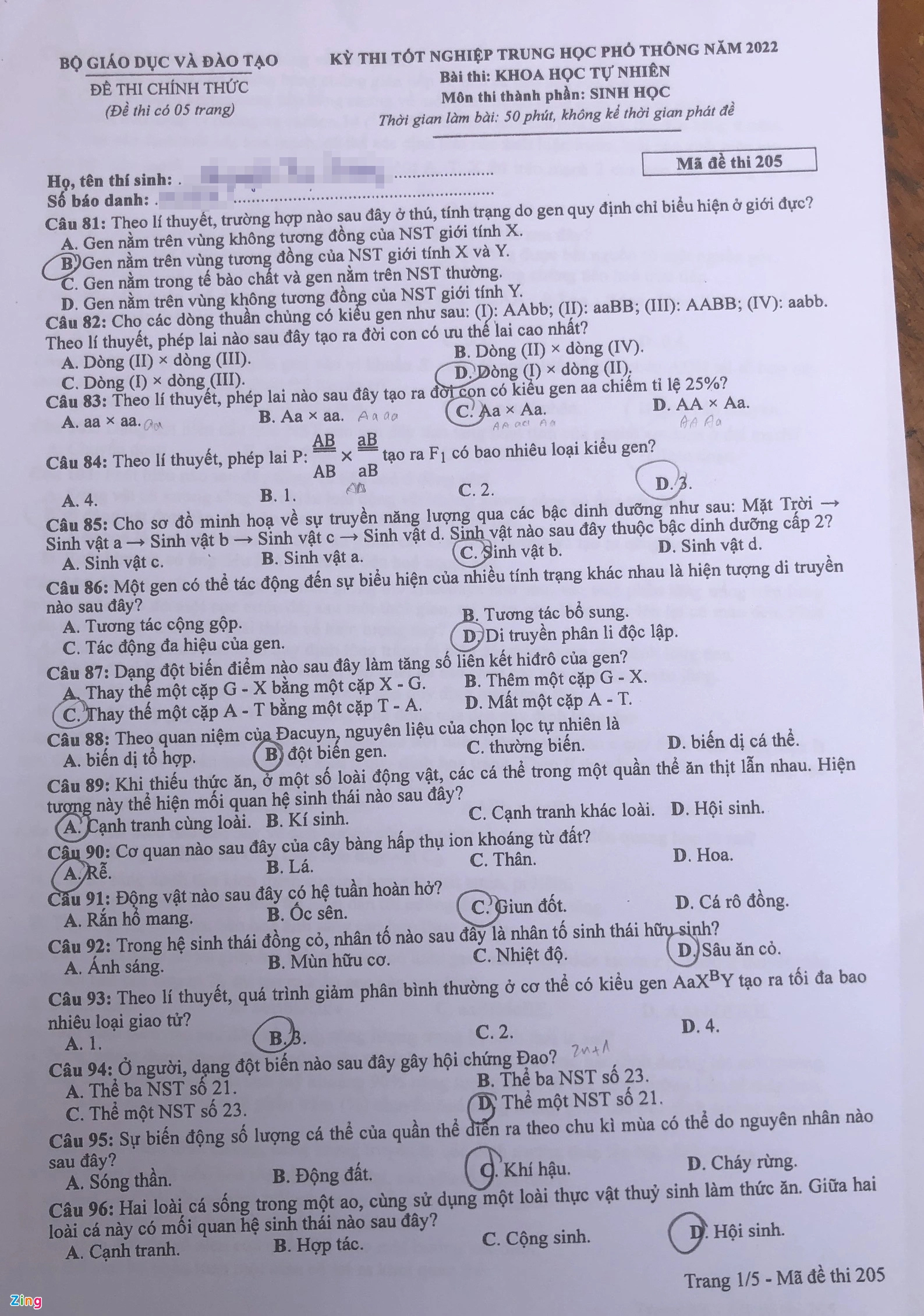 Đề thi môn Sinh học tốt nghiệp THPT 2022 tất cả mã đề đầy đủ nhất 1