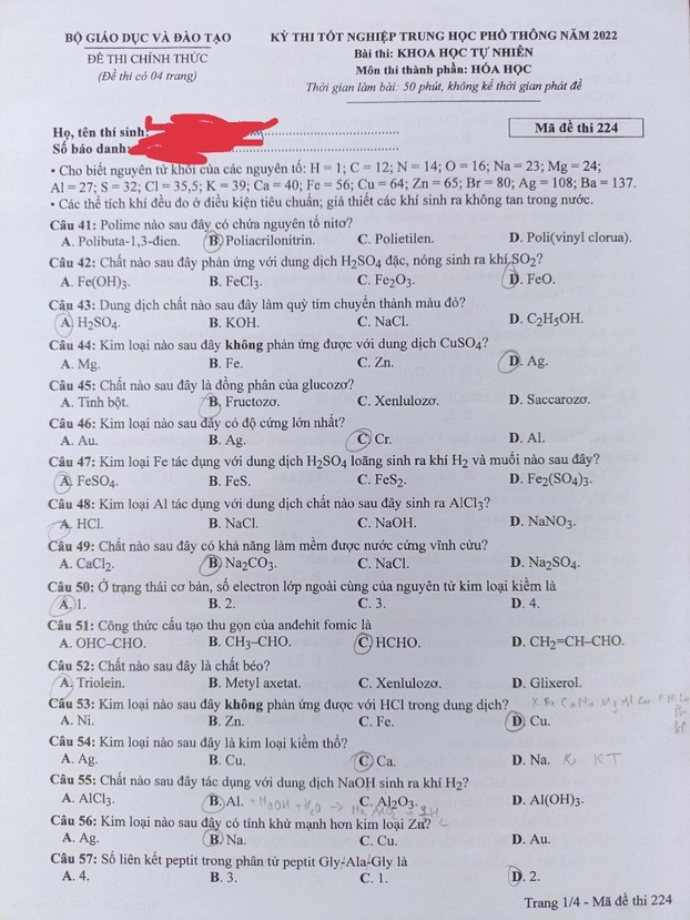 Đề thi tốt nghiệp THPT 2022 các môn tổ hợp Khoa học Tự nhiên 5