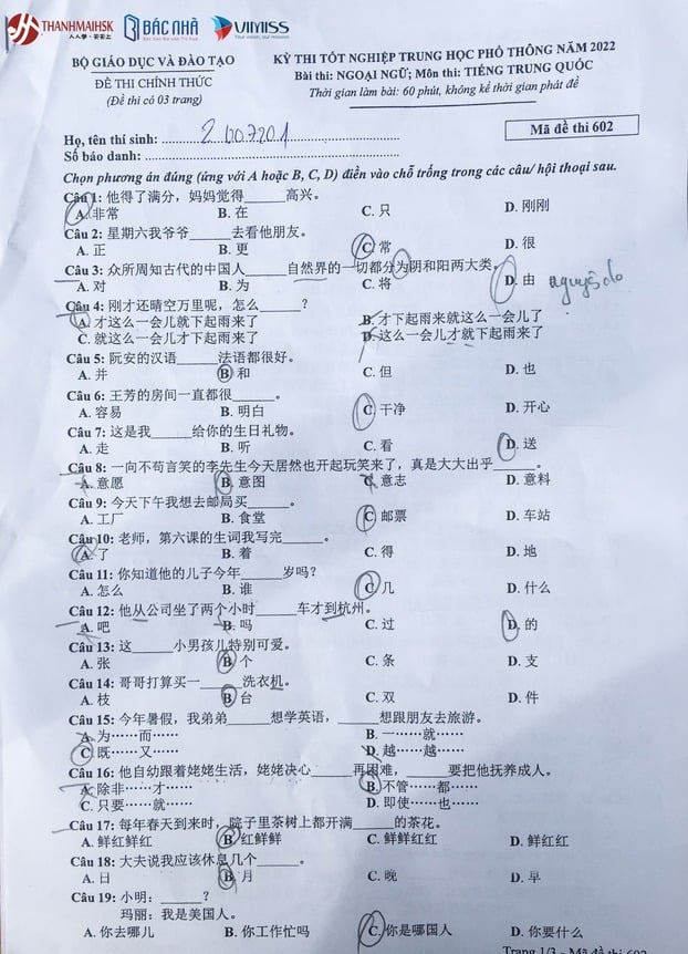 Đề thi, đáp án môn Tiếng Trung Quốc tốt nghiệp THPT 2022 tất cả 24 mã đề 4