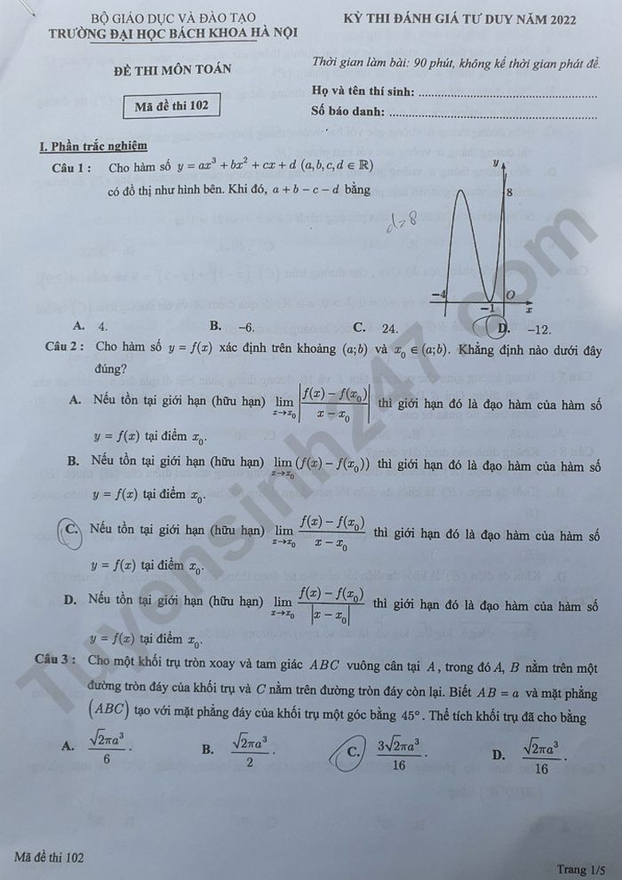 Đề thi đánh giá tư duy môn Toán Đại học Bách khoa Hà Nội năm 2022, có gợi ý đáp án 0