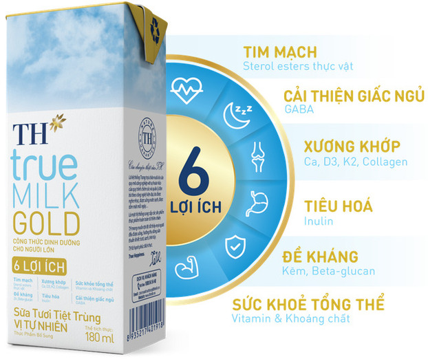 Sữa tươi TH true MILK GOLD chứa 06 nhóm dưỡng chất hỗ trợ nâng cao sức khỏe người lớn tuổi.