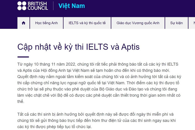 Thông báo của Hội đồng Anh về việc tạm hoãn kỳ thi IELTS.