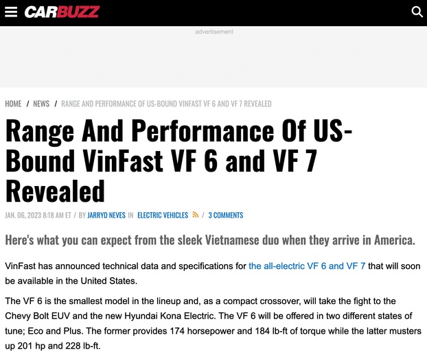 Carbuzz đưa tin chi tiết về các thông số của VF 6, VF 7 và nhận định hai mẫu xe mới của VinFast sẽ là đối thủ đáng gờm của các mẫu xe điện đang bán tại thị trường Mỹ.