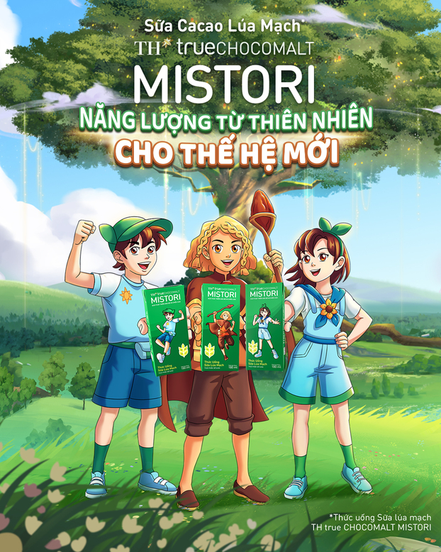 Cùng với thương hiệu mới MISTORI, Tập đoàn TH đã sáng tạo nên các nhân vật như Cậu Bé Thần (giữa) từ Tinh cầu Chocomalt và các cô bé, cậu bé đáng yêu từ Địa Cầu
