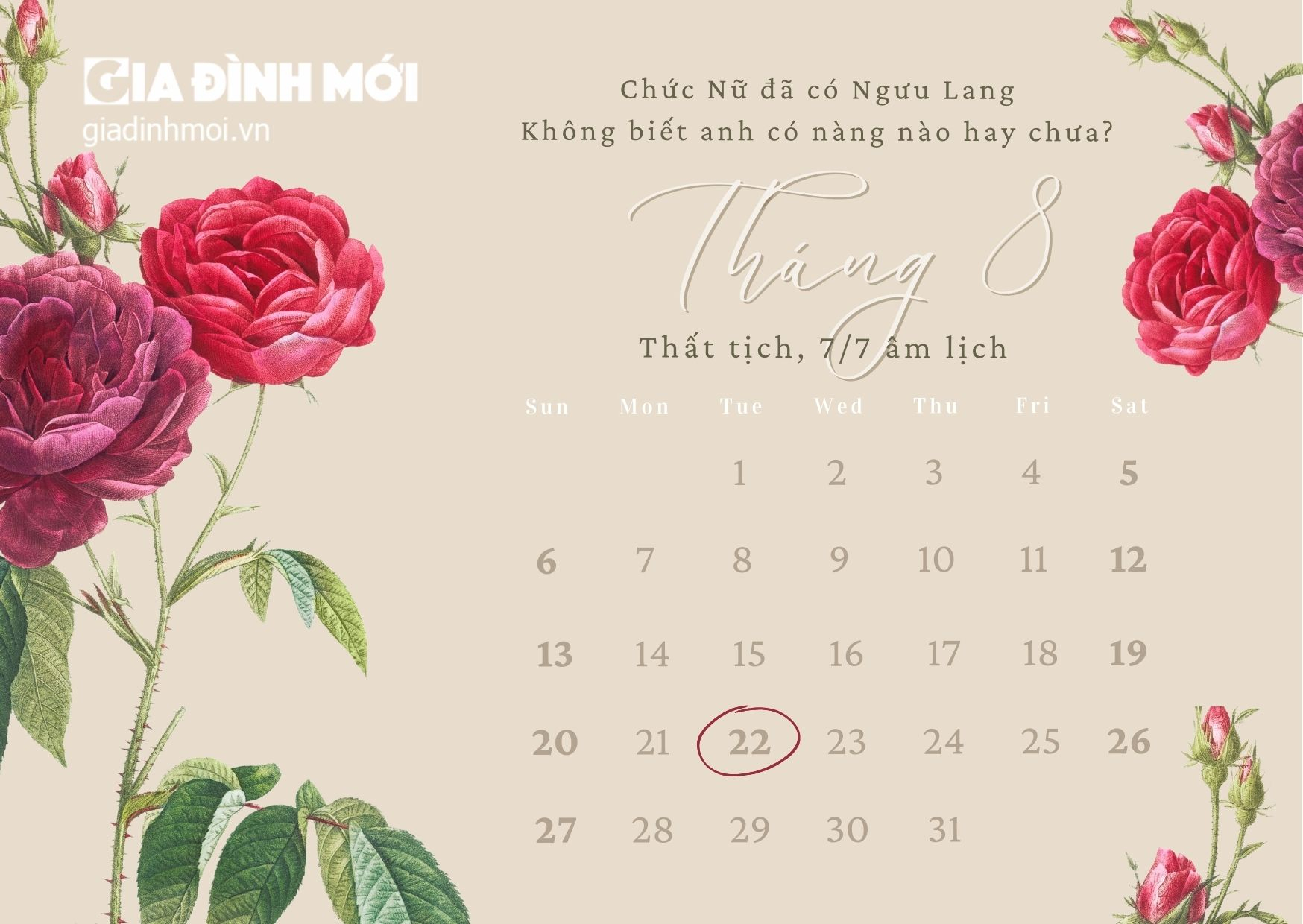 Thất tịch 2023 là ngày 22/8 dương lịch.