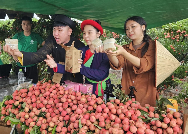 Các KOC giới thiệu sản phẩm mỳ Chũ trong phiên livestream quảng bá sản phẩm OCOP đặc trưng của tỉnh Bắc Giang
