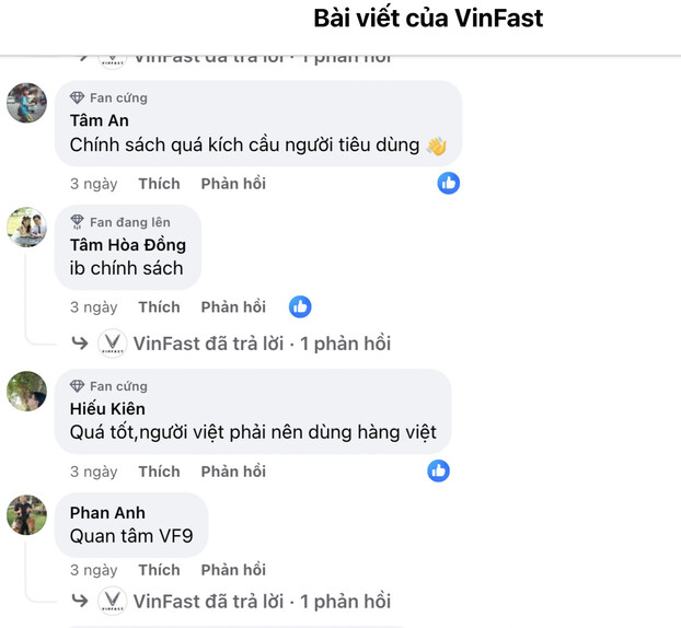 Hàng loạt bình luận trên fanpage của VinFast cho thấy sự quan tâm và hài lòng của người dùng với chính sách mới của hãng xe Việt