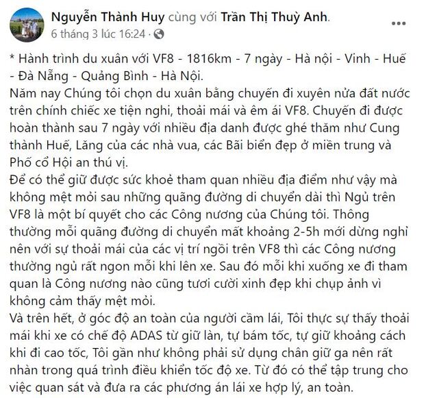 Anh Huy tâm đắc về chuyến du xuân cùng gia đình trên chiếc VF 8 tiện nghi, thoải mái và êm ái (Nguồn ảnh: Facebook Nguyễn Thành Huy).