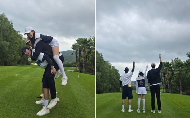 Bộ ba diễn viên thích thú tạo dáng chụp ảnh trên sân golf. (Nguồn: Instagram Lee Yi Kyung)