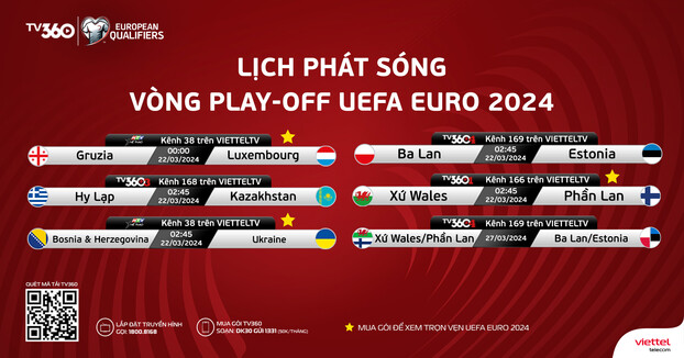 Theo dõi các trận đấu kịch tính của vòng play-off tranh 3 suất còn lại tham dự chung kết UEFA EURO 2024 trọn vẹn trên TV360.