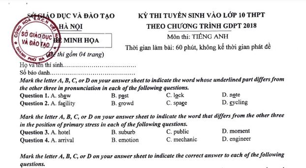 Đề minh họa môn Tiếng Anh thi vào lớp 10 Hà Nội năm 2025