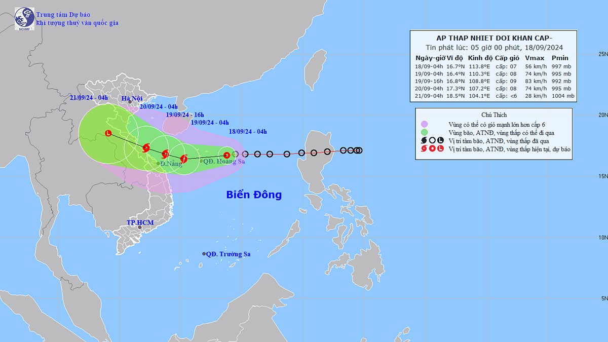 Dự báo hướng di chuyển của áp thấp nhiệt đới trên biển Đông. Ảnh: TT KTTV Quốc gia