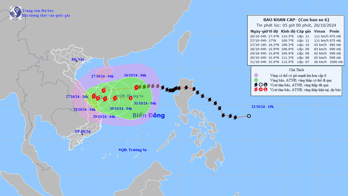 Dự báo hướng di chuyển của cơn bão số 6. Ảnh: TT KTTV Quốc gia