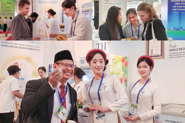 Các đại biểu quốc tế tại Hội nghị P4G 2025 thưởng thức các sản phẩm TH, đánh giá cao về chất lượng, hương vị và đặc biệt ấn tượng về việc TH có 2 nhà máy đạt “trung hòa carbon” trong khi toàn VIệt Nam mới chỉ mới có 6 nhà máy đạt trạng thái này