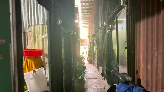 Với mức thu nhập hiện tại bà Mai và bà Cảnh phải chấp nhận sống trong khu nhà trọ được dựng tạm bợ bằng tôn cạnh con rạch thường xuyên bốc mùi hôi.