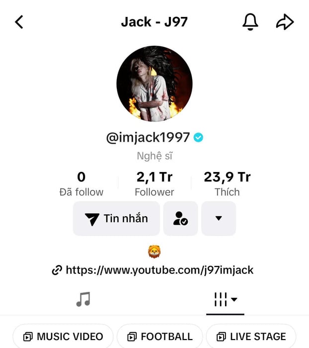 Kênh TikTok của Jack - J97 vừa chạm mốc 2,1 triệu lượt theo dõi.